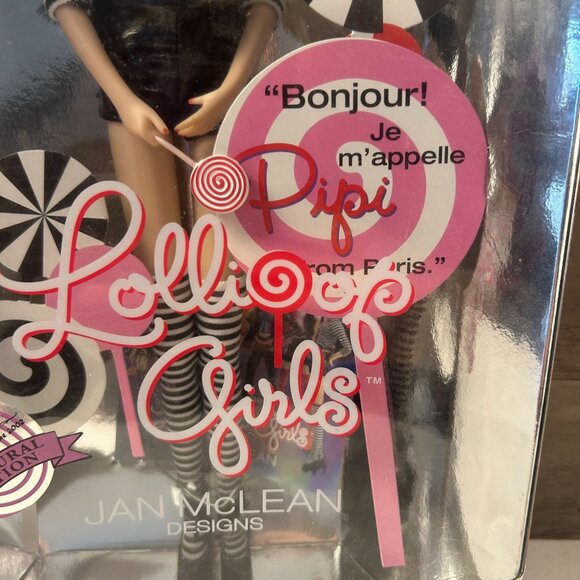 Jan Mclean Lollipop Girls Pipi Doll Paris Striped Outfit Red Bow Black Hair - Picture 3 of 4